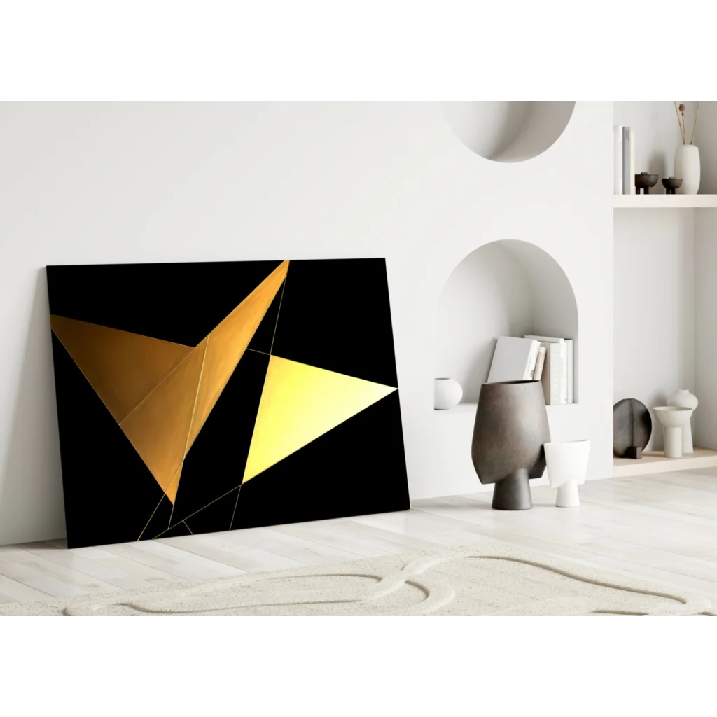 Stunning gold geometric glass wall art with metallic black finish
