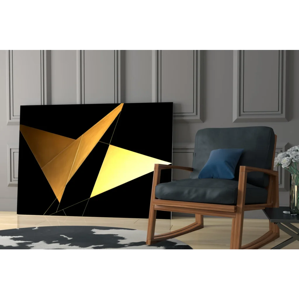 Stunning gold geometric glass wall art with black metallic finish