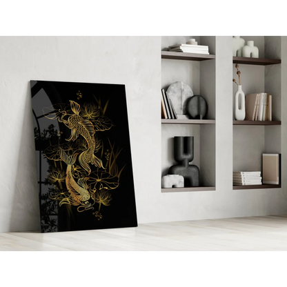 Stunning gold koi fish and lotus blooms on black canvas glass wall art