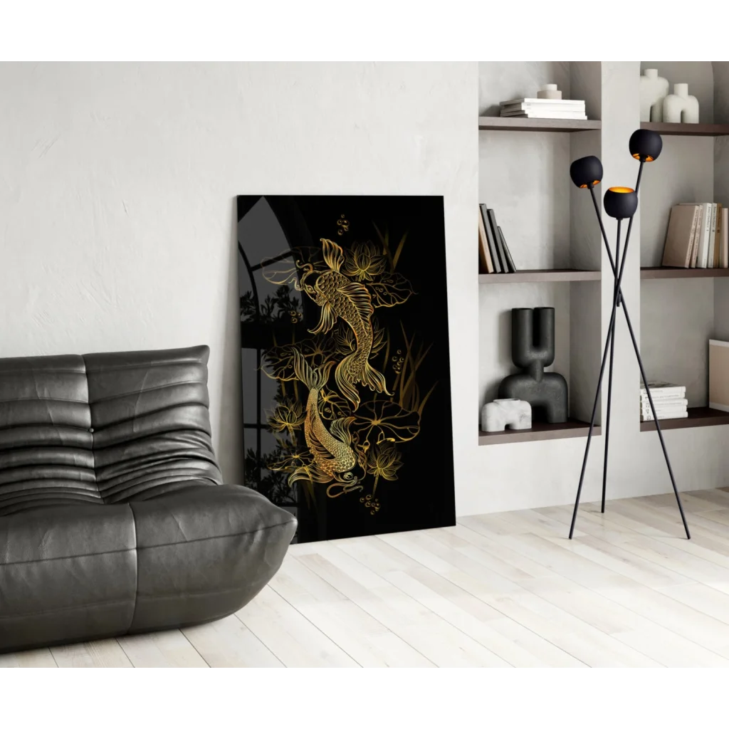 Stunning gold koi fish and lotus blooms on black canvas glass wall art
