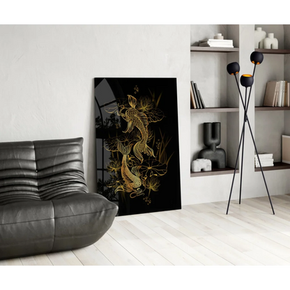 Stunning gold koi fish and lotus blooms on black canvas glass wall art