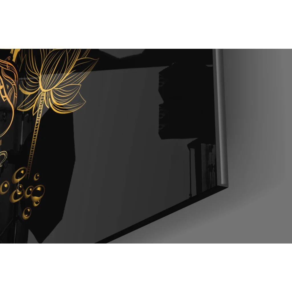 Black glossy TV with gold lotus blooms and koi fish glass wall art decals