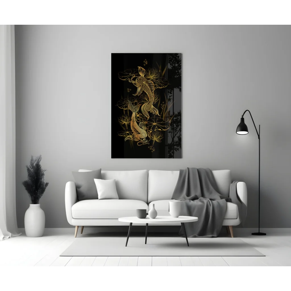Stunning gold koi fish glass wall art with lotus blooms