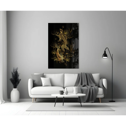 Stunning gold koi fish glass wall art with lotus blooms