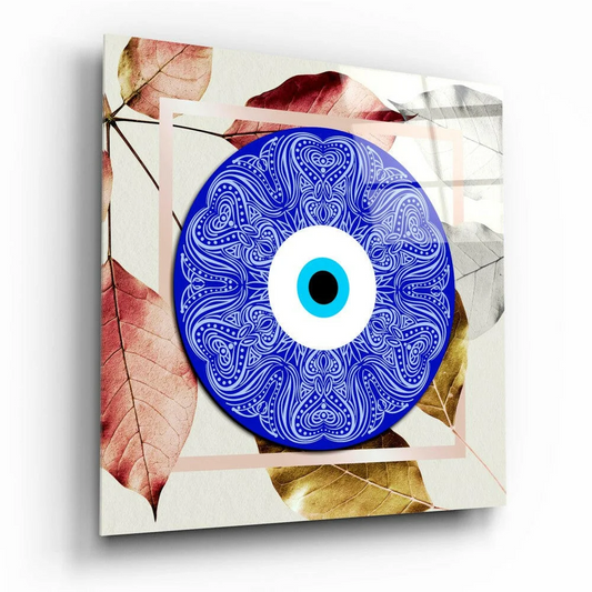 Stunning blue evil eye glass wall art with paisley design