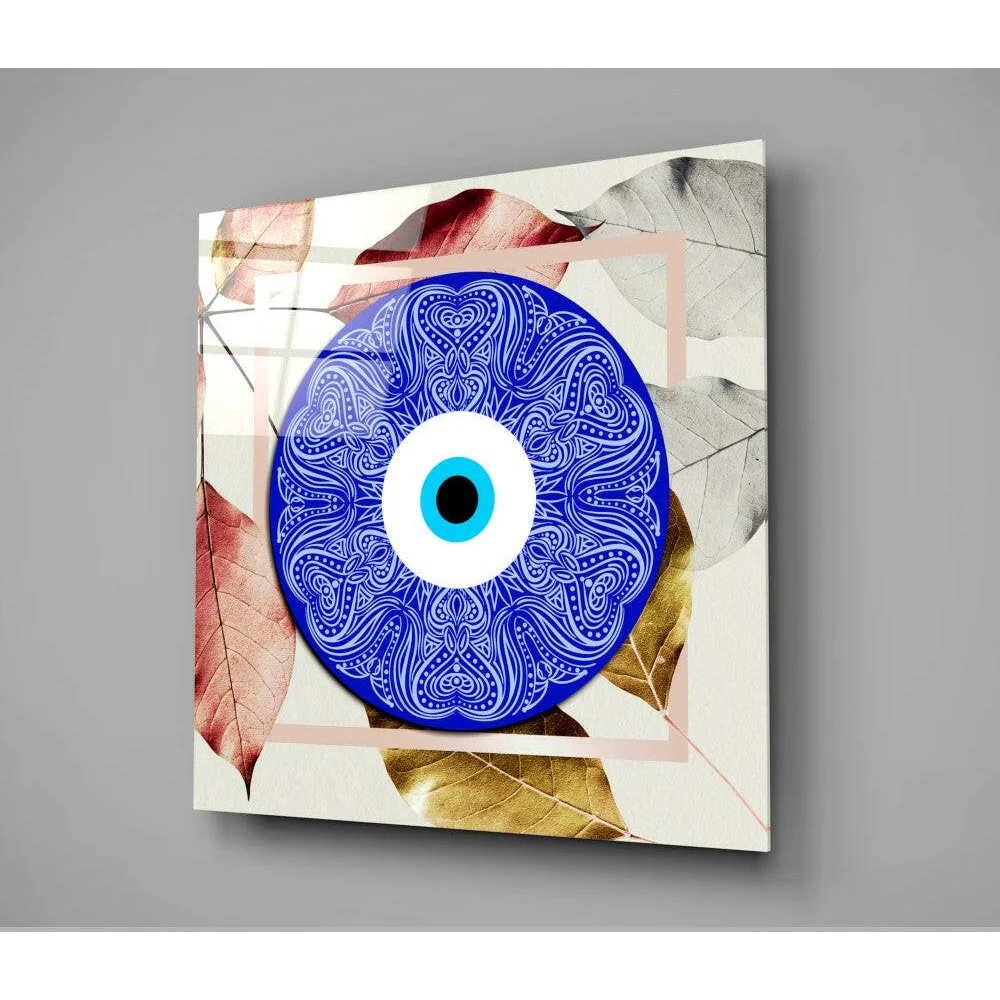 Stunning blue evil eye glass wall art with pink geometric paisley design