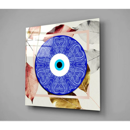 Stunning blue evil eye glass wall art with pink geometric paisley design