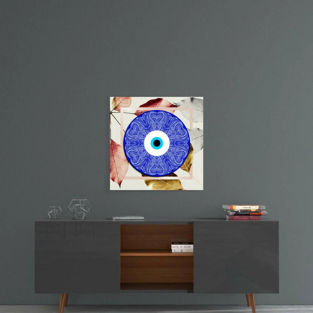 Blue evil eye decal on stunning gold leaf pink geometric wall art