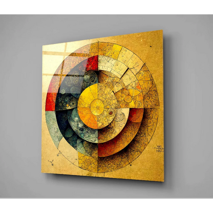 Stunning gold leaf glass wall art with floral gears and yellow brown geometric shapes