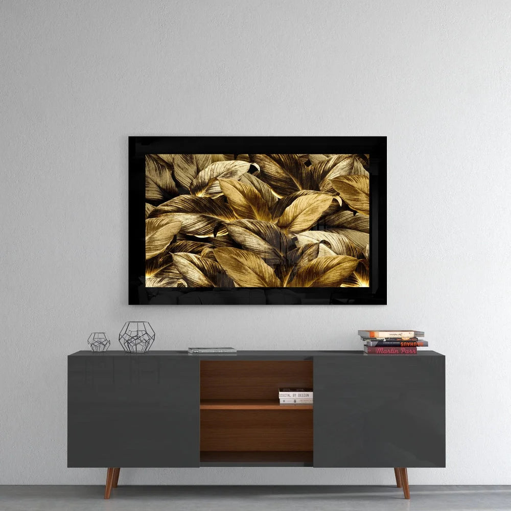 Stunning gold leaf glass wall art in sleek black frame