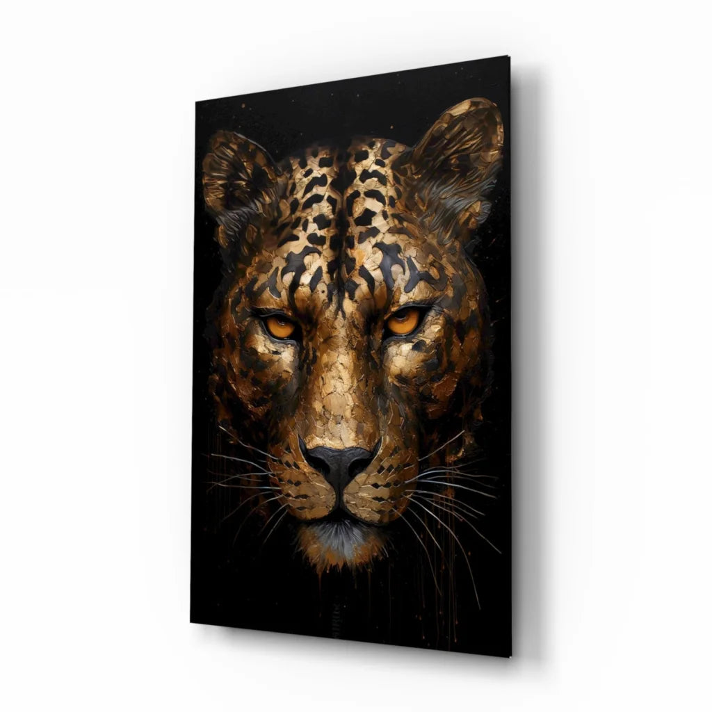Stunning gold leopard head glass wall art canvas print