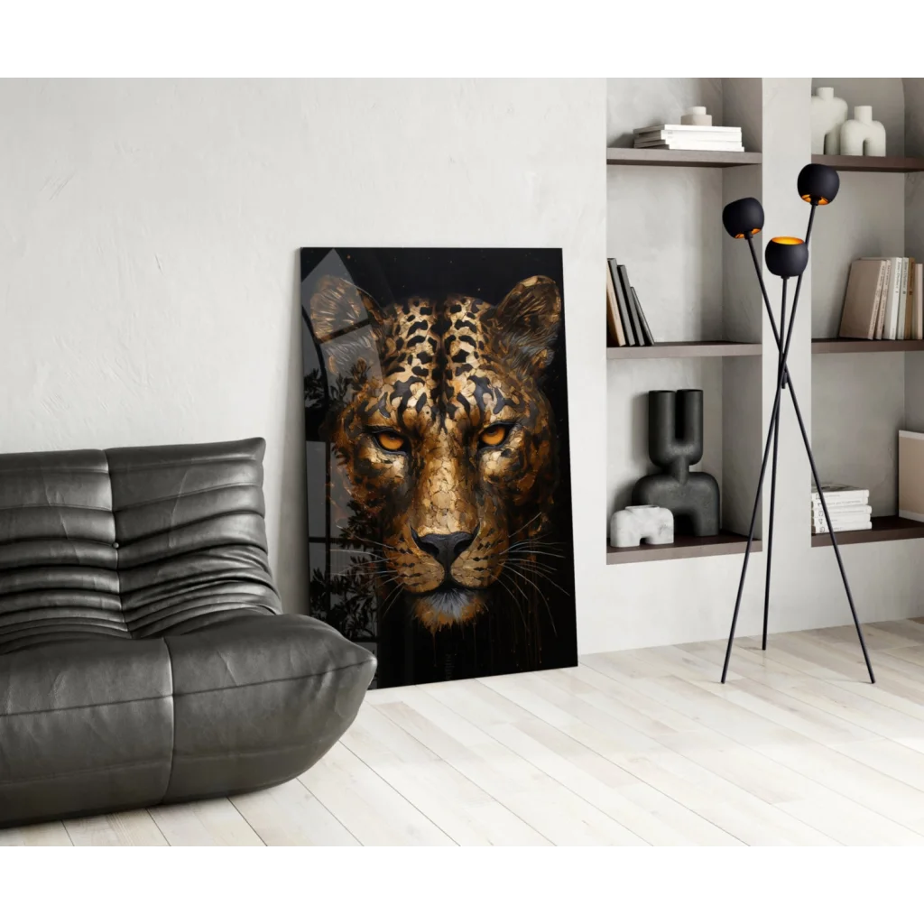 Stunning gold leopard glass wall art canvas print with textured fur