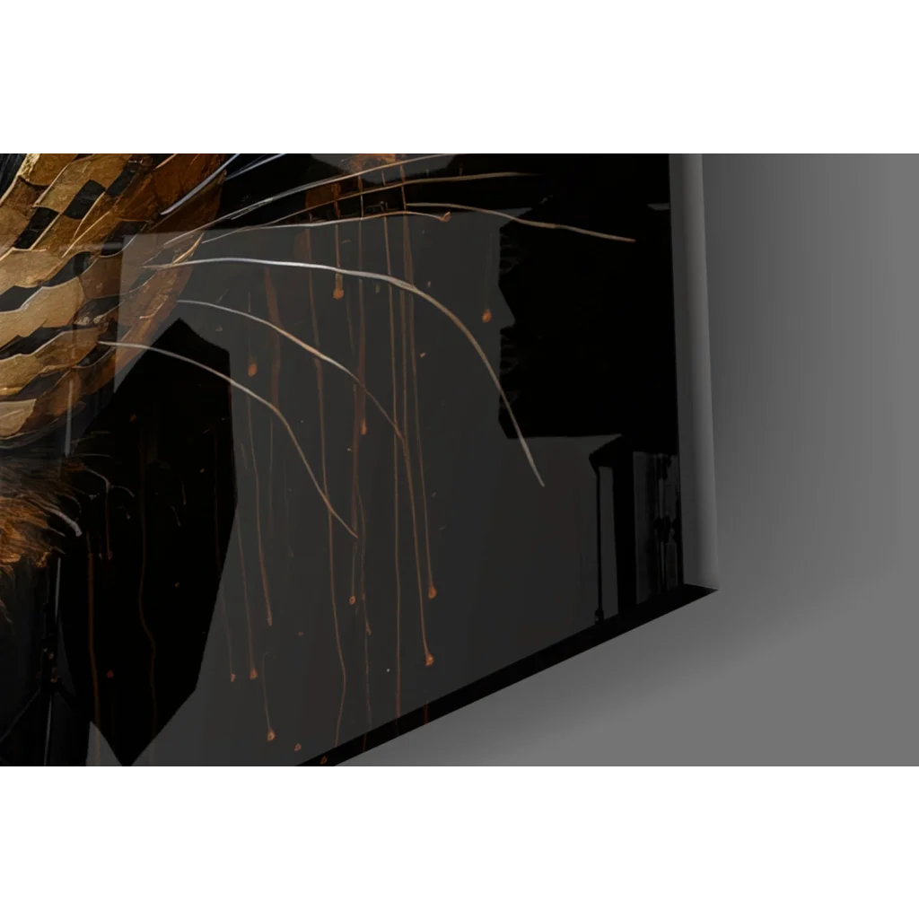 Stunning gold leopard glass wall art canvas print with golden feathers