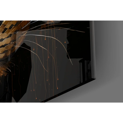 Stunning gold leopard glass wall art canvas print with golden feathers