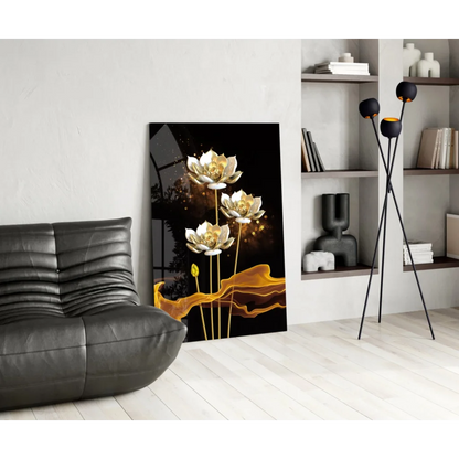 Stunning gold and white lotus flower canvas wall art on black background