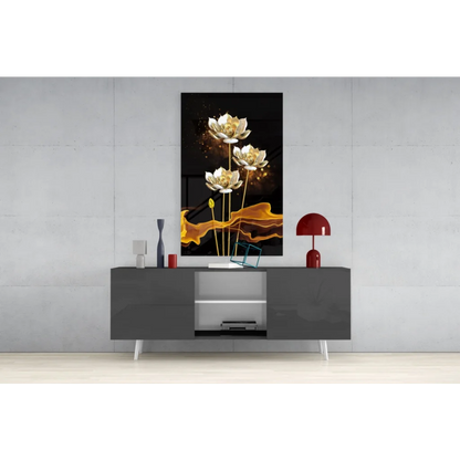 Modern black and white sideboard with sleek legs under gold lotus wall art