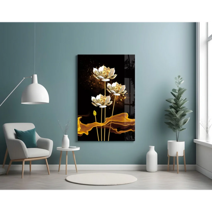 Stunning gold lotus flower canvas wall art on black