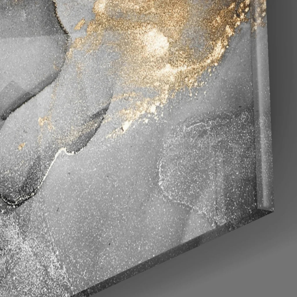 Stunning gold marble glass wall art with swirling gray textures