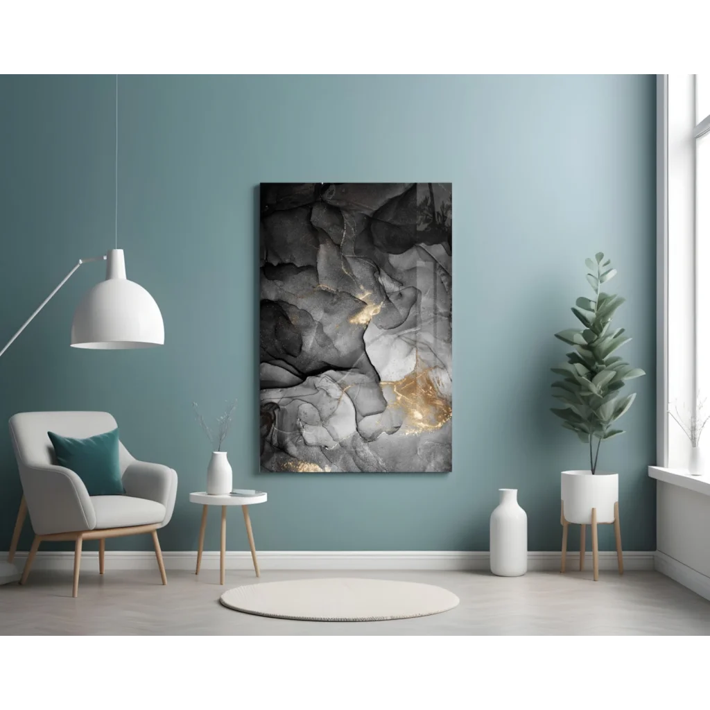 Stunning black white gold marble glass wall art on wall