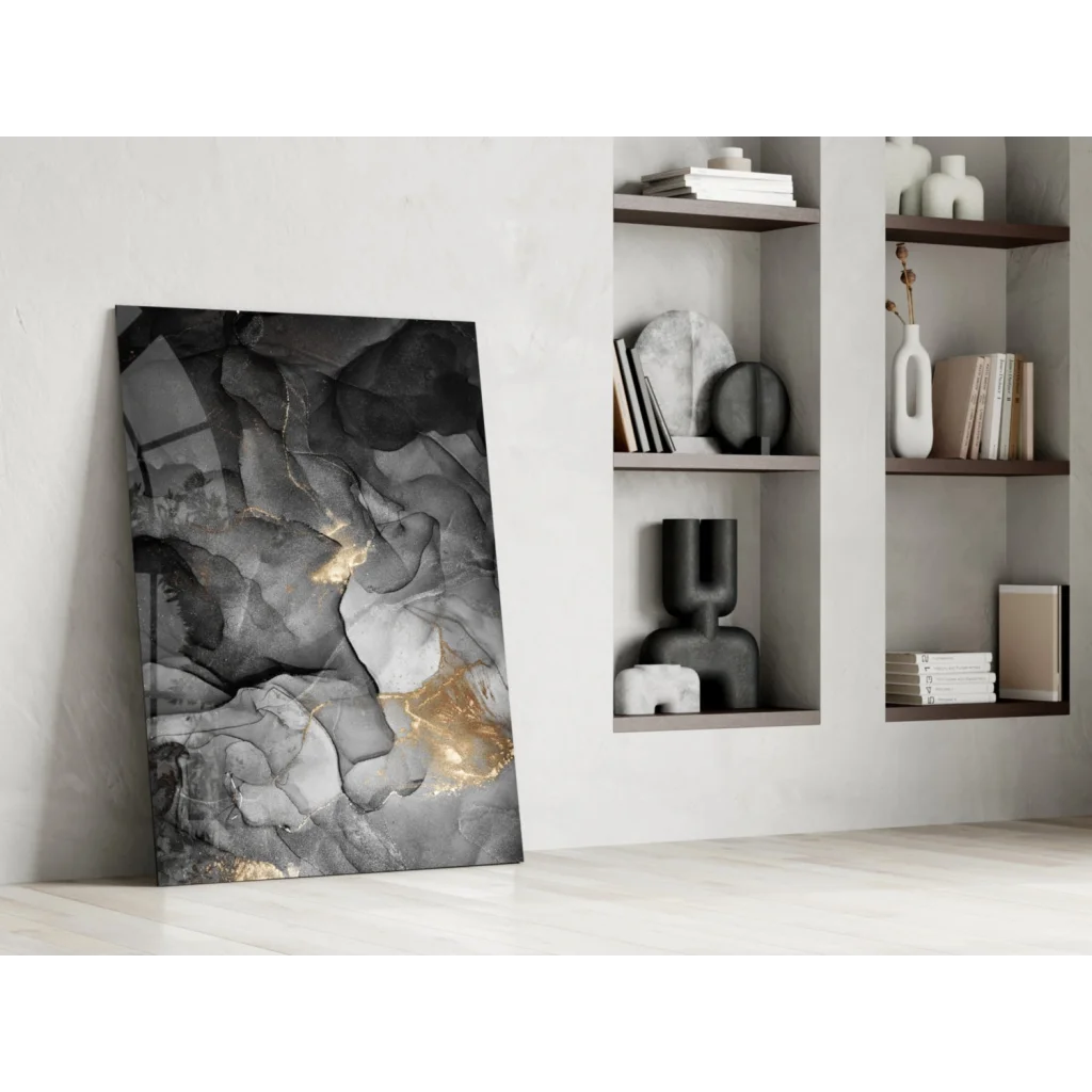 Black and gold marble-like swirls in stunning glass wall art