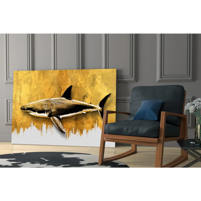 Stunning gold shark glass wall art with black accents and reflective surface