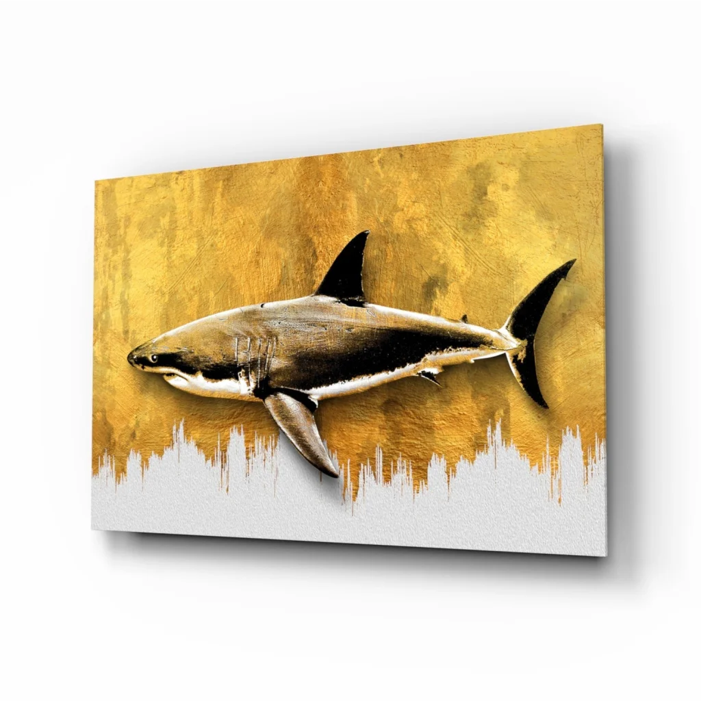 Stunning gold shark glass wall art canvas print with black fins