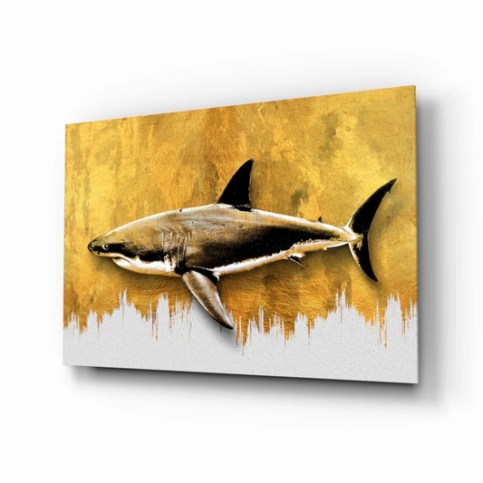 Stunning gold shark glass wall art canvas print with black fins