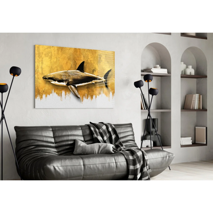 Stunning gold shark glass wall art over black leather sofa with plaid throw