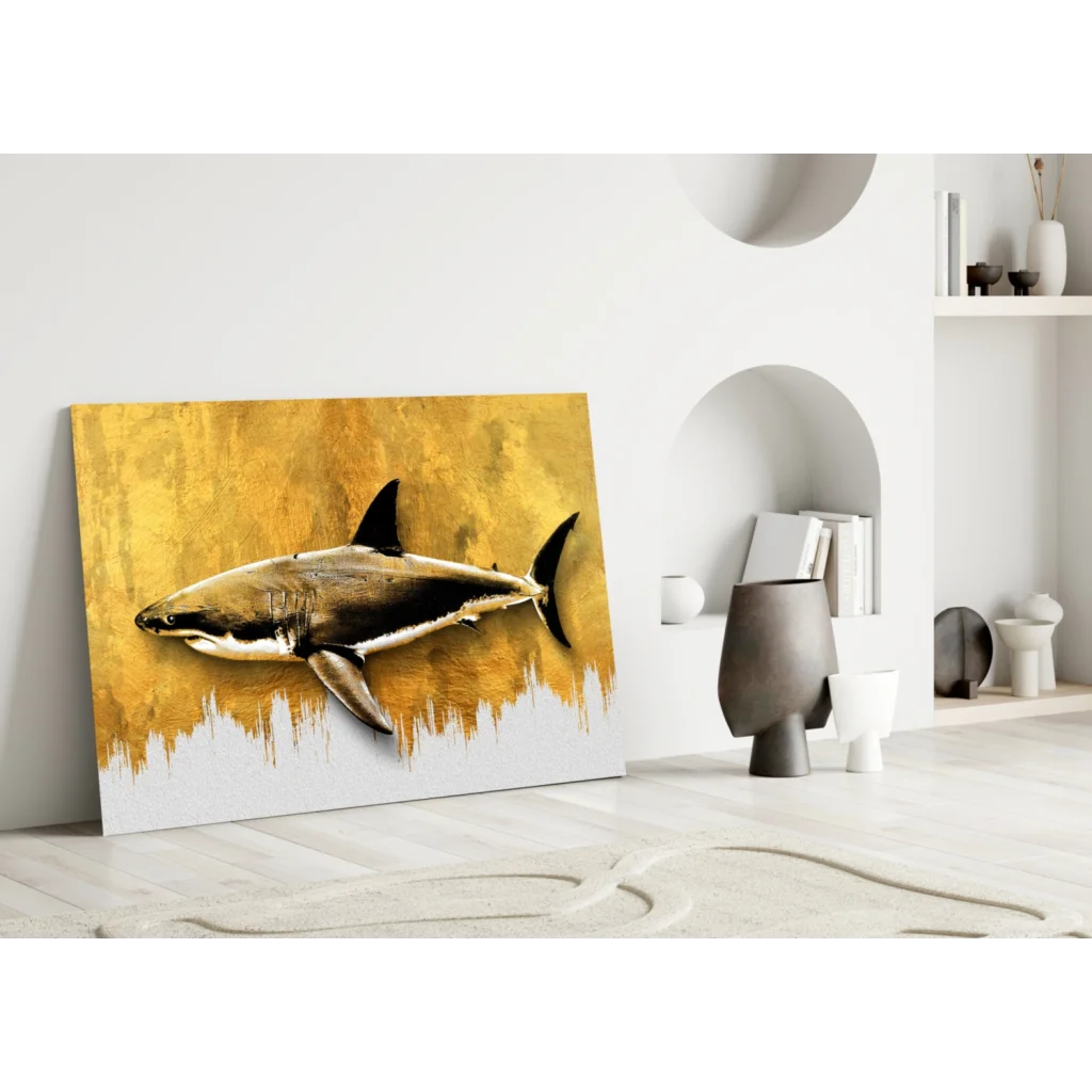 Stunning gold shark glass wall art canvas print with black accents