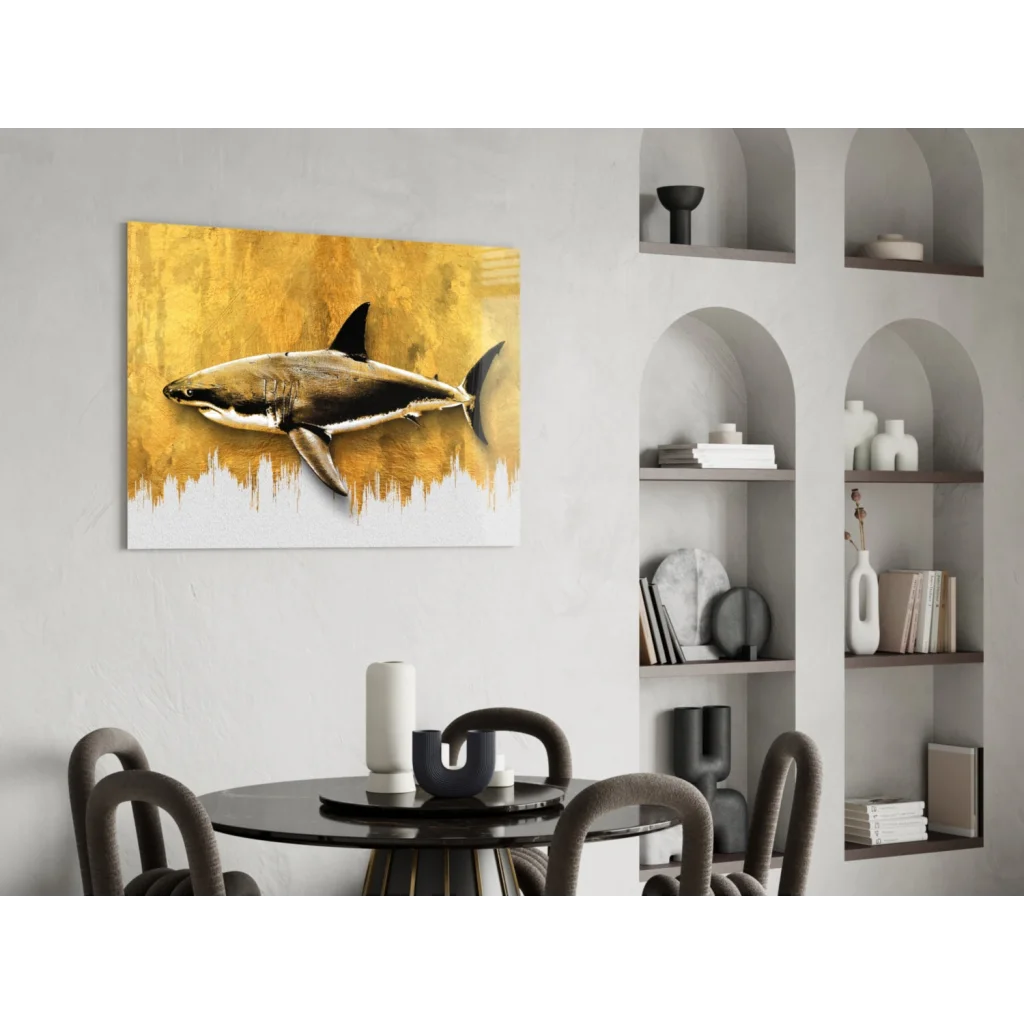 Stunning gold shark glass wall art canvas print, modern black design