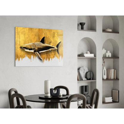 Stunning gold shark glass wall art canvas print, modern black design