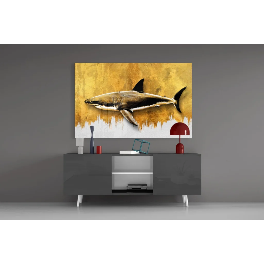 Stunning gold shark glass wall art canvas print in black and gold