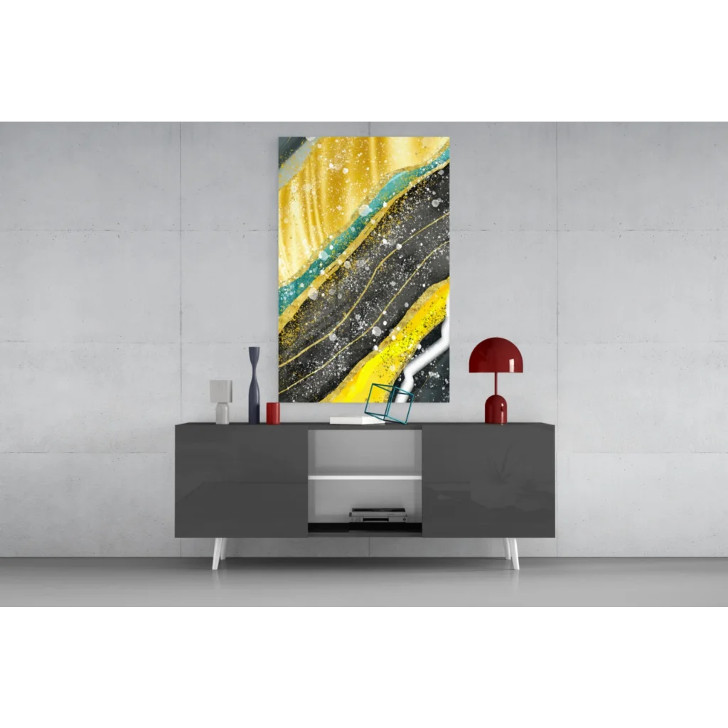 Stunning gold teal glass wall art with shimmer accents