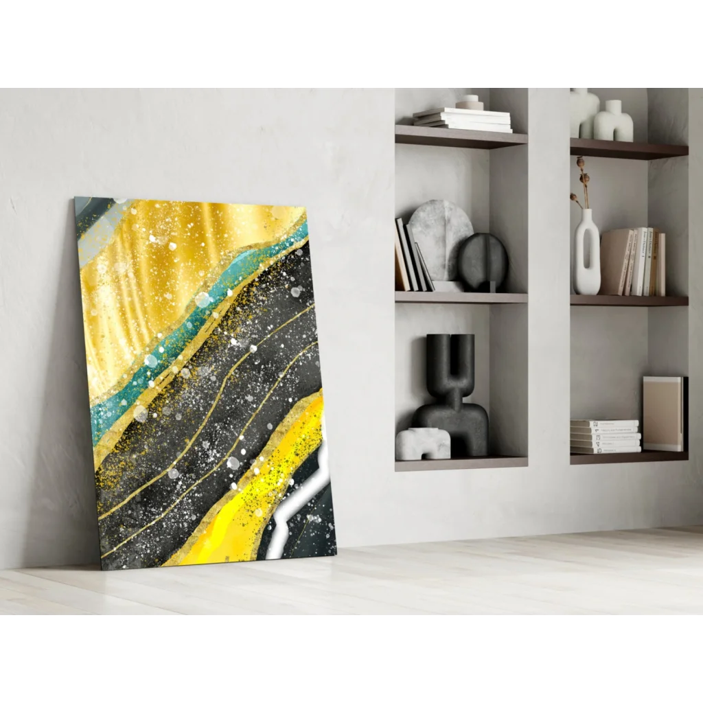 Stunning gold teal glass wall art with shimmer accents and textured finish