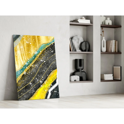 Stunning gold teal glass wall art with shimmer accents and textured finish