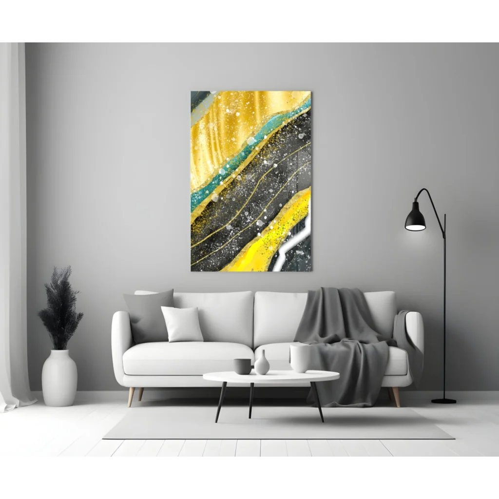 Stunning gold teal glass wall art with shimmer accents and abstract yellow green black design