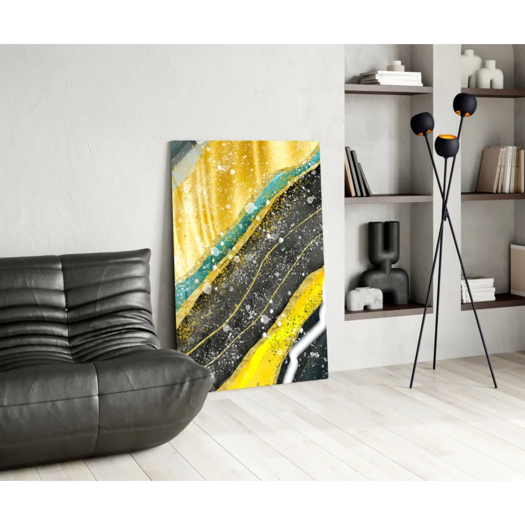 Stunning yellow black abstract glass wall art with gold teal shimmer accents