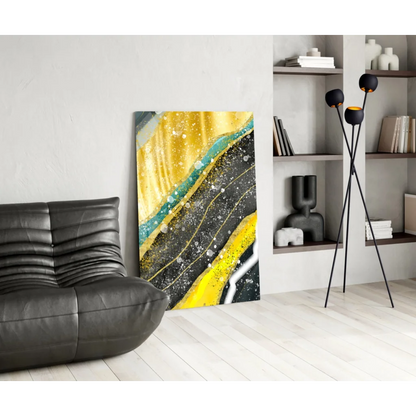 Stunning yellow black abstract glass wall art with gold teal shimmer accents