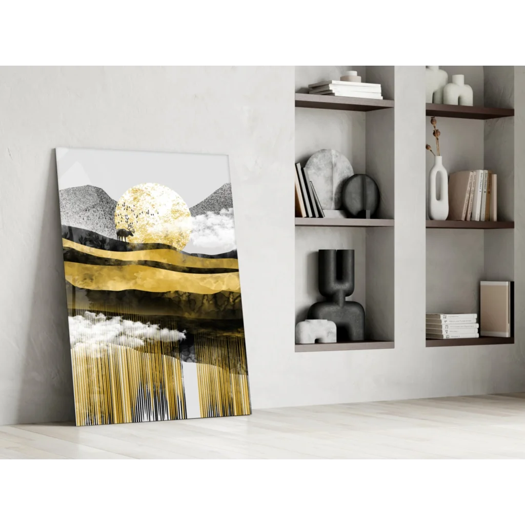 Stunning gold white abstract glass wall art with modern black accents