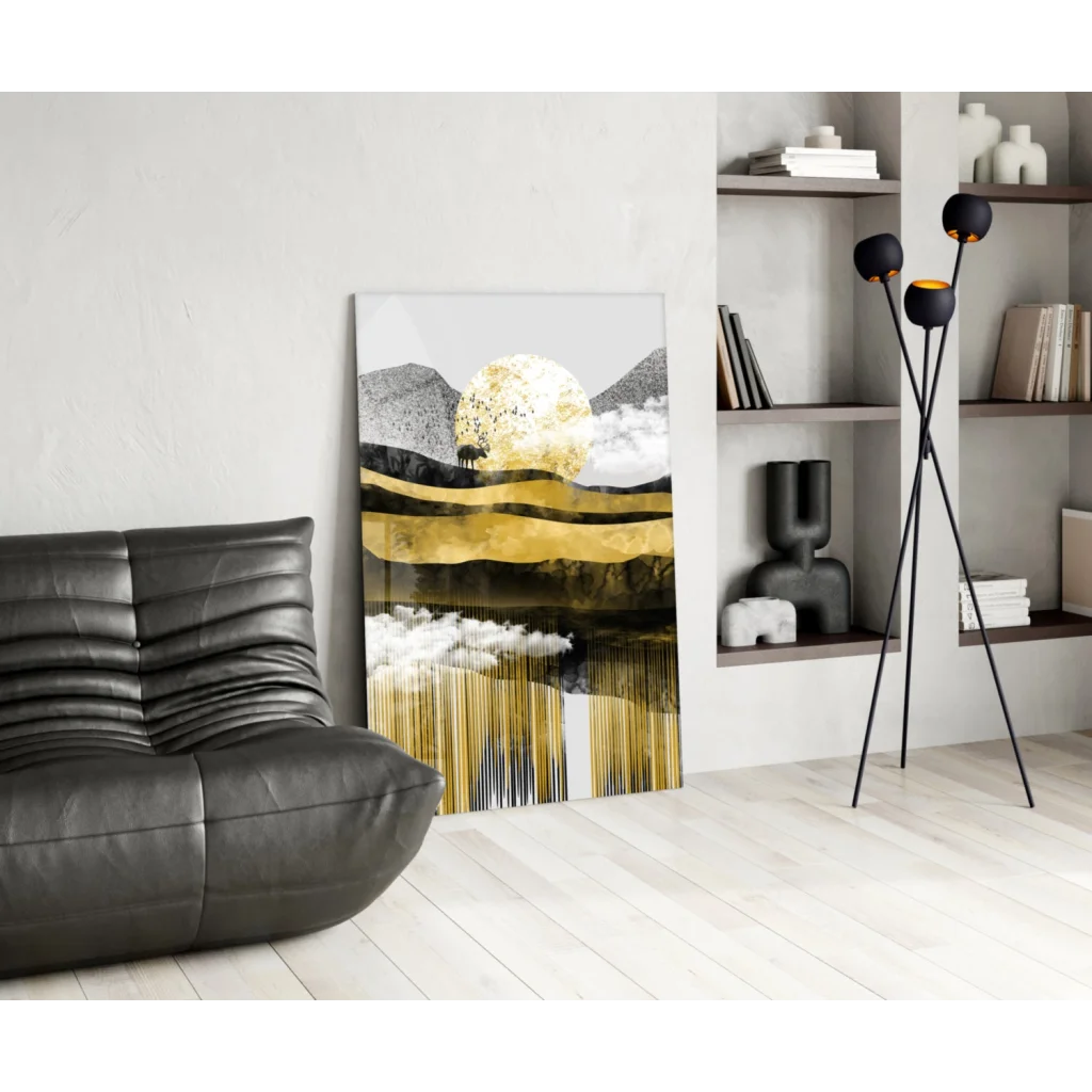 Stunning gold white abstract glass wall art with black accents