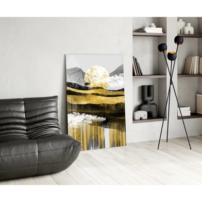 Stunning gold white abstract glass wall art with black accents