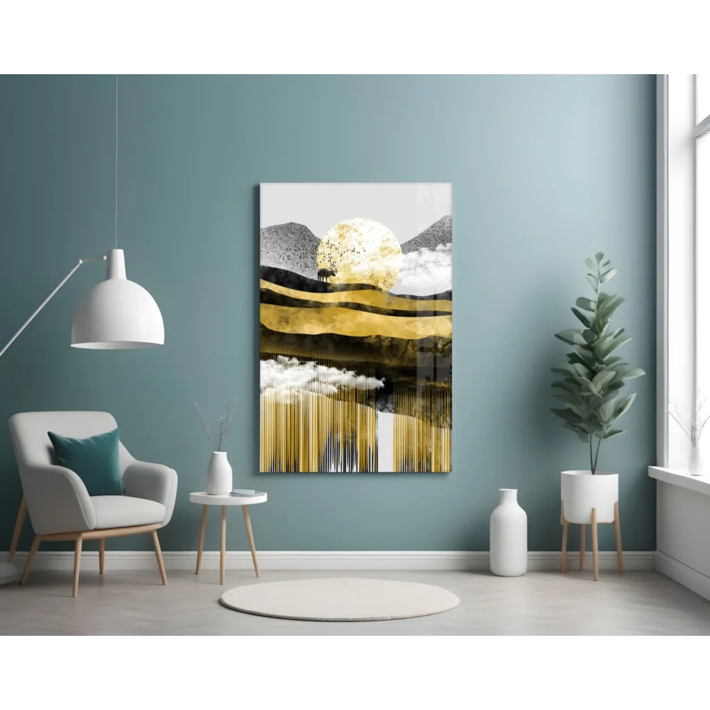 Stunning gold white abstract glass wall art with modern black accents