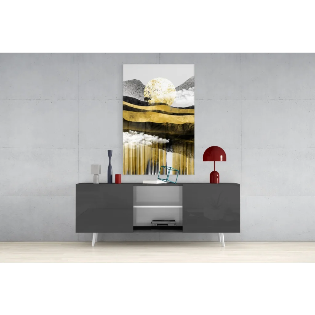 Modern gray sideboard with white legs and silver accents in minimalist glass wall art
