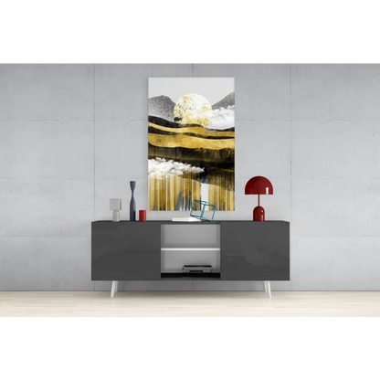 Modern gray sideboard with white legs and silver accents in minimalist glass wall art
