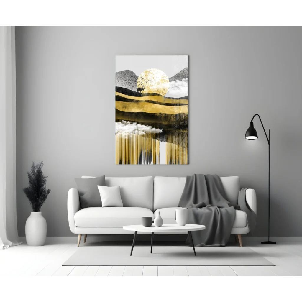 Stunning gold white abstract glass wall art with black accents