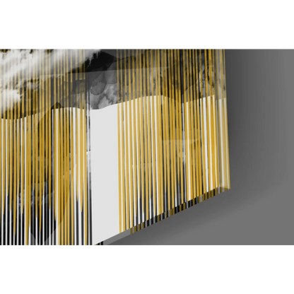 Stunning gold white abstract glass wall art with black accents and pendant light