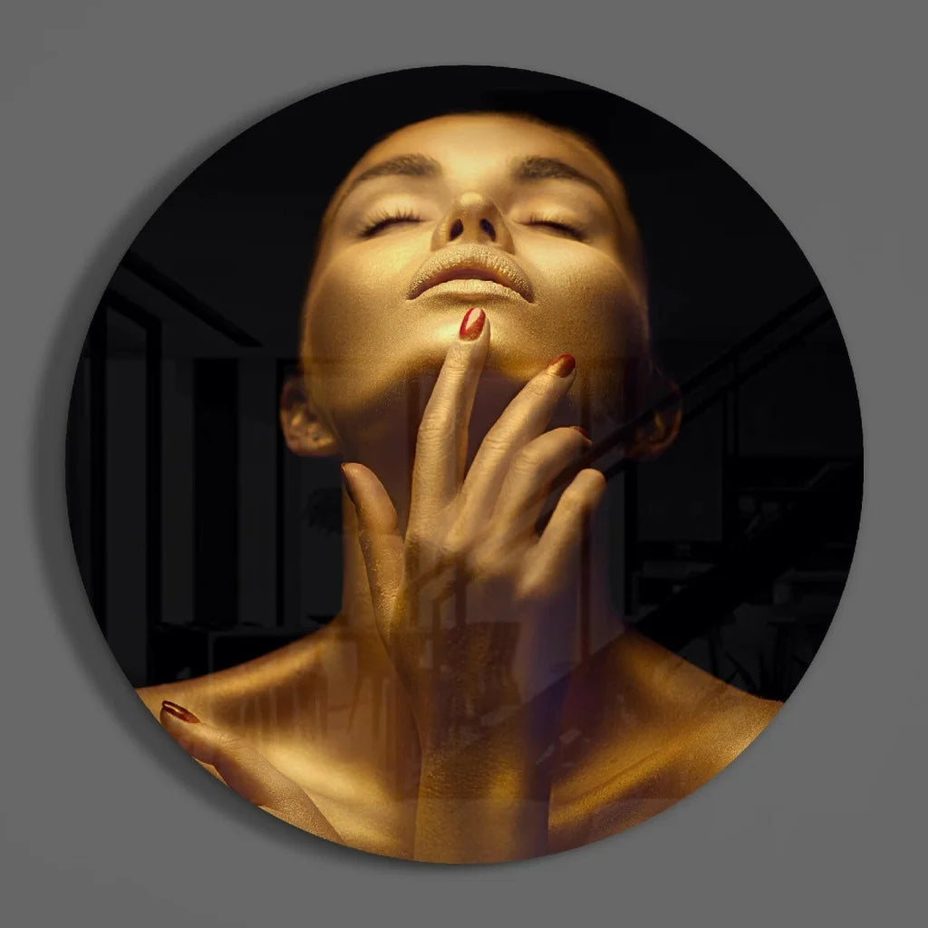 Stunning gold woman face tempered glass art with closed eyes and red nails
