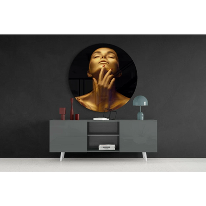Stunning gold woman face tempered glass art with circular frame