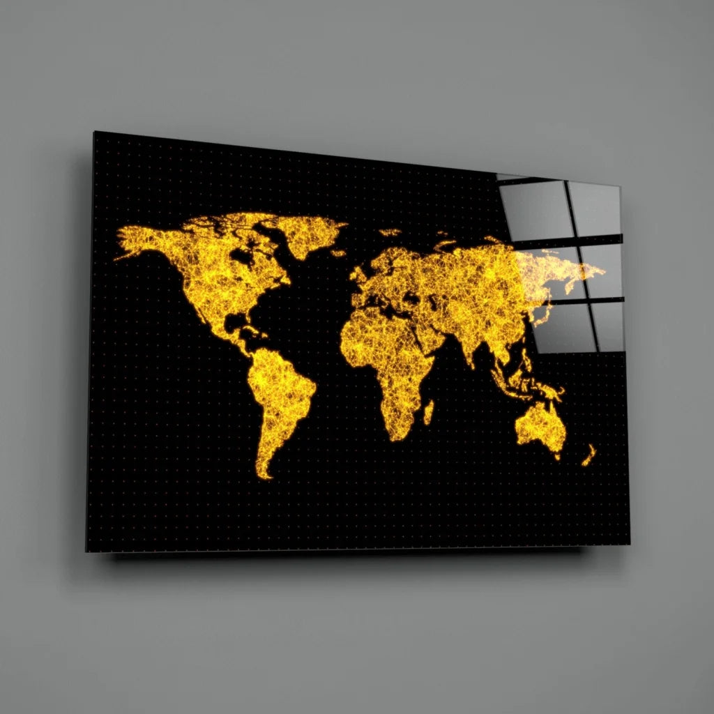 Stunning gold world map glass wall art on black canvas