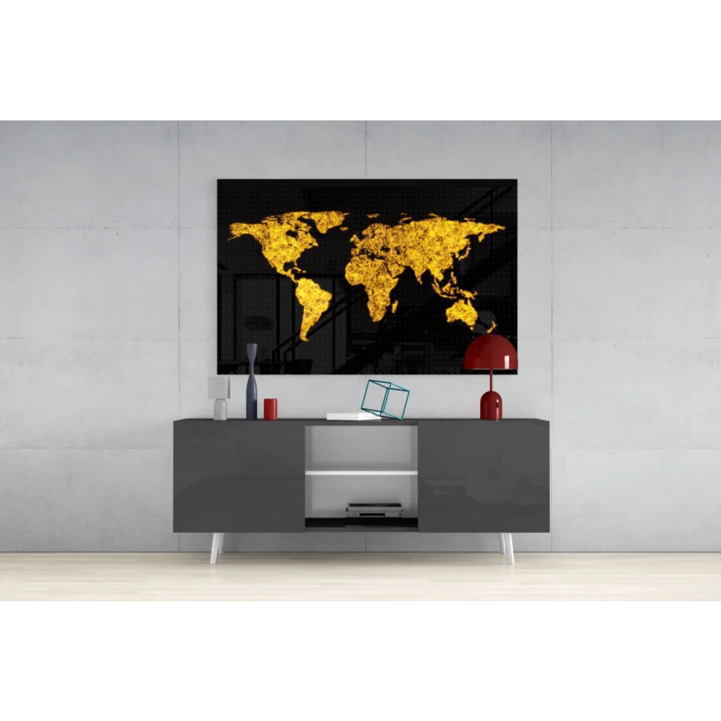 Stunning black and gold glass wall art world map design